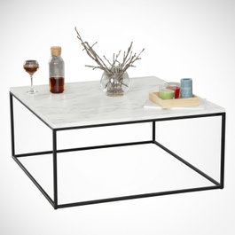 Hanah Home Mesa de Centro Poly Marmo, Mesa de Salón Elegante y Funcional, Tablero Melamina Blanco y Negro, Patas Metálicas, 75x43x75 cm